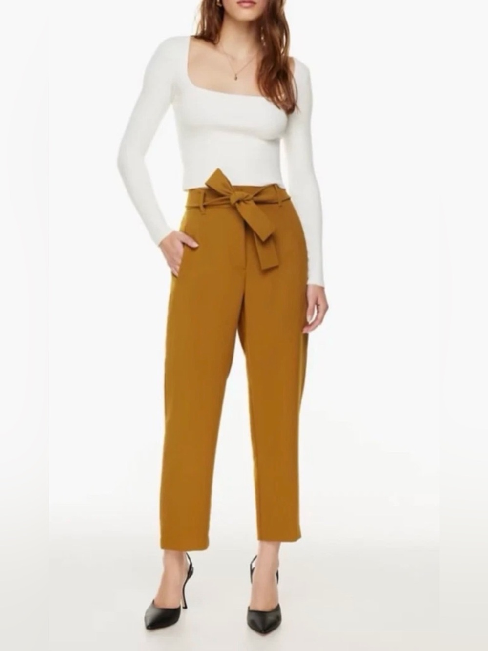 Wilfred Aritzia Paperbag Tie-Waist Cropped Pants in Mustard